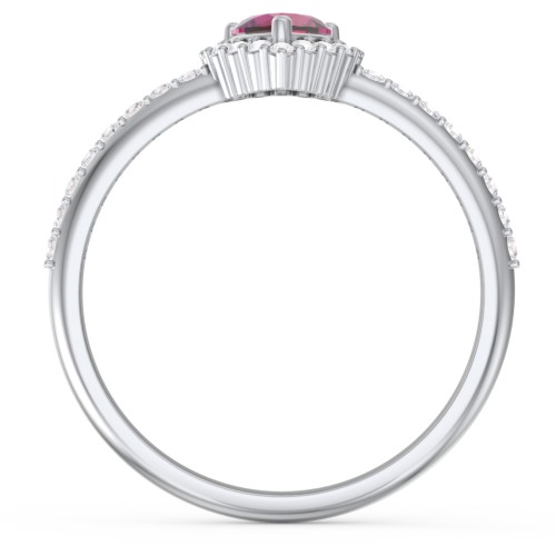 Halo Heart Ring with Accented Band – Sterling Silver with Ruby and White Premium Zirconia