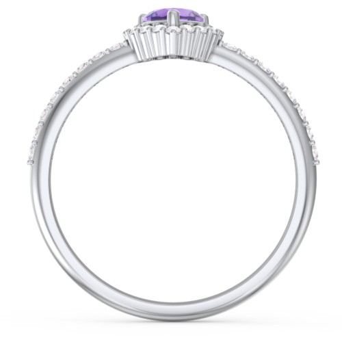 Halo Heart Ring with Accented Band – Sterling Silver with Amethyst and White Premium Zirconia
