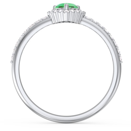 Halo Heart Ring with Accented Band – Sterling Silver with Emerald and White Premium Zirconia