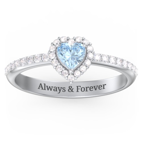 Halo Heart Ring with Accented Band – Sterling Silver with Aquamarine and White Premium Zirconia