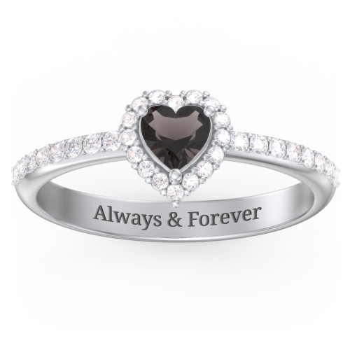 Halo Heart Ring with Accented Band – Sterling Silver with Smokey Quartz and White Premium Zirconia