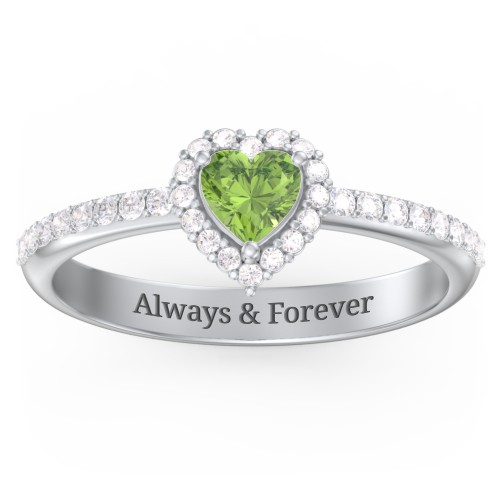 Halo Heart Ring with Accented Band – Sterling Silver with Peridot and White Premium Zirconia