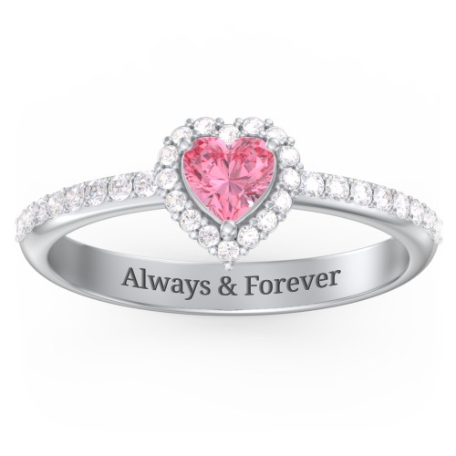 Halo Heart Ring with Accented Band – Sterling Silver with Pink Tourmaline and White Premium Zirconia