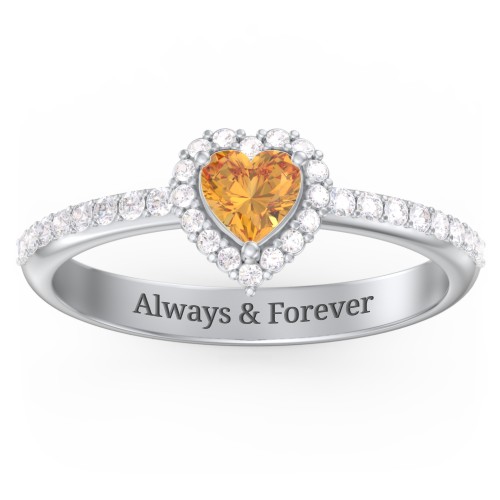 Halo Heart Ring with Accented Band – Sterling Silver with Citrine and White Premium Zirconia