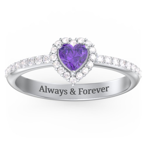 Halo Heart Ring with Accented Band – Sterling Silver with Amethyst and White Premium Zirconia