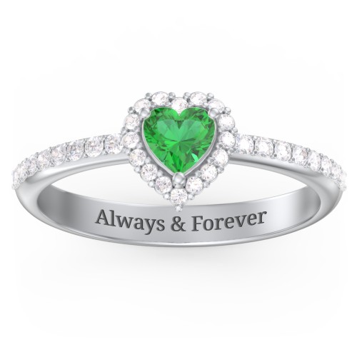 Halo Heart Ring with Accented Band – Sterling Silver with Emerald and White Premium Zirconia