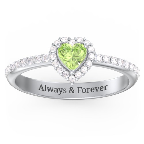 Halo Heart Ring with Accented Band – Sterling Silver with Peridot and White Premium Zirconia