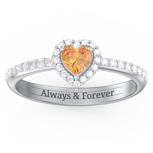 Halo Heart Ring with Accented Band – Sterling Silver with Citrine and White Premium Zirconia