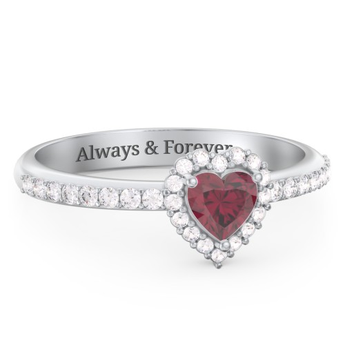Halo Heart Ring with Accented Band – Sterling Silver with Ruby and White Premium Zirconia