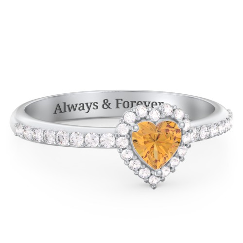 Halo Heart Ring with Accented Band – Sterling Silver with Citrine and White Premium Zirconia