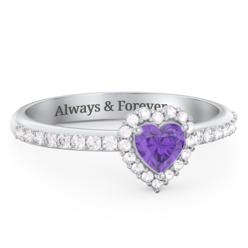 Halo Heart Ring with Accented Band – Sterling Silver with Amethyst and White Premium Zirconia