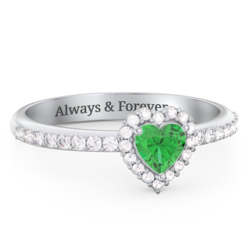 Halo Heart Ring with Accented Band – Sterling Silver with Emerald and White Premium Zirconia