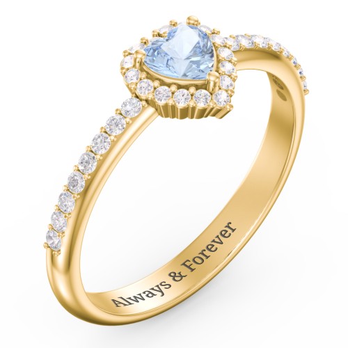 Halo Heart Ring with Accented Band – 10K Yellow Gold with Aquamarine and White Premium Zirconia