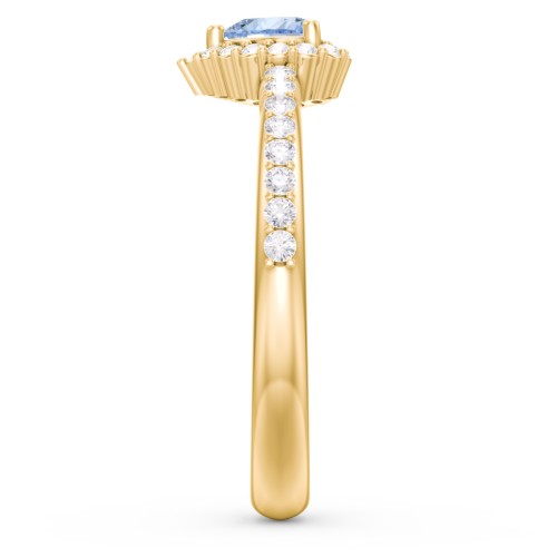 Halo Heart Ring with Accented Band – 10K Yellow Gold with Aquamarine and White Premium Zirconia