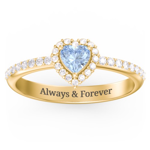 Halo Heart Ring with Accented Band – 10K Yellow Gold with Aquamarine and White Premium Zirconia