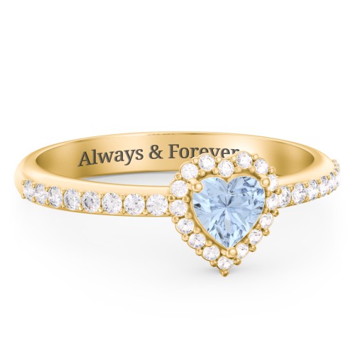 Halo Heart Ring with Accented Band – 10K Yellow Gold with Aquamarine and White Premium Zirconia