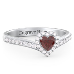 V-Shaped Halo Heart Ring with Accented Band