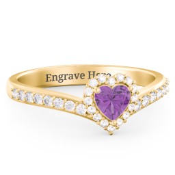 V-Shaped Halo Heart Ring with Accented Band in 18K Gold Plated Silver with Amethyst and White Premium Zirconia