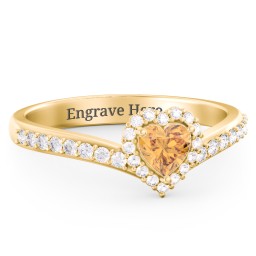 V-Shaped Halo Heart Ring with Accented Band in 18K Gold Plated Silver