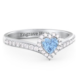 V-Shaped Halo Heart Ring with Accented Band