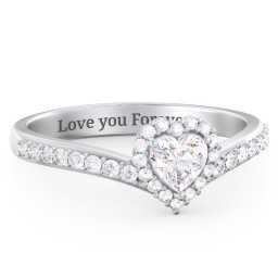 V-Shaped Halo Heart Ring with Accented Band