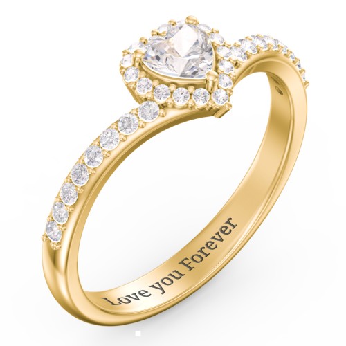 V-Shaped Halo Heart Ring with Accented Band – 18K Gold Plated Silver with Cubic Zirconia and White Premium Zirconia