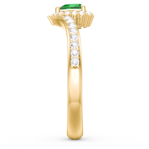 V-Shaped Halo Heart Ring with Accented Band – 18K Gold Plated Silver with Emerald and White Premium Zirconia