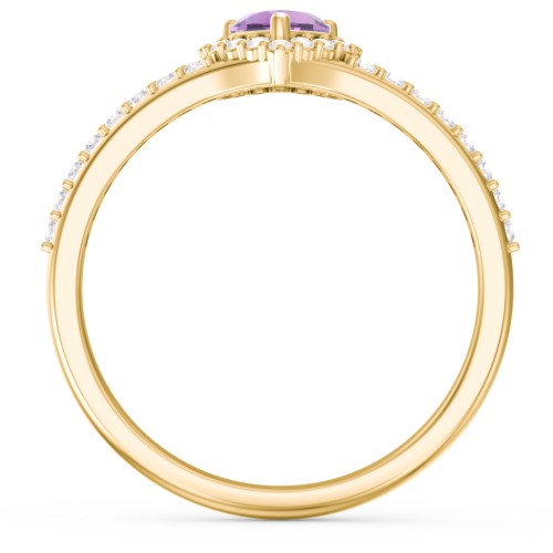 V-Shaped Halo Heart Ring with Accented Band – 18K Gold Plated Silver with Amethyst and White Premium Zirconia