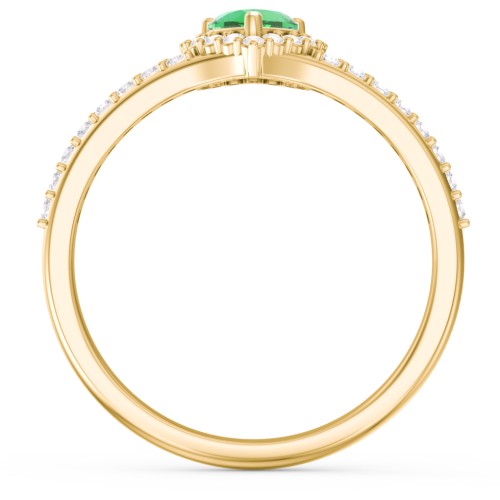 V-Shaped Halo Heart Ring with Accented Band – 18K Gold Plated Silver with Emerald and White Premium Zirconia