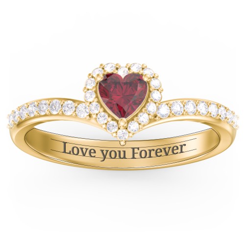 V-Shaped Halo Heart Ring with Accented Band – 10K Yellow Gold with Ruby and White Premium Zirconia