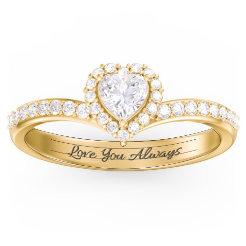 V-Shaped Halo Heart Ring with Accented Band