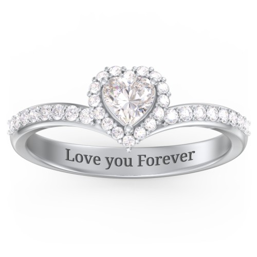 V-Shaped Halo Heart Ring with Accented Band