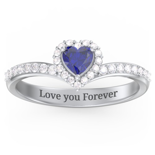V-Shaped Halo Heart Ring with Accented Band