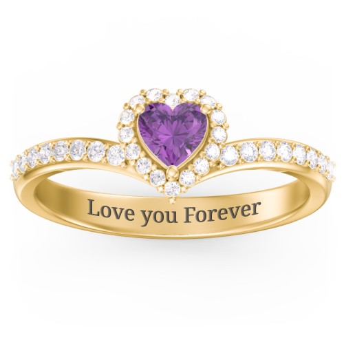 V-Shaped Halo Heart Ring with Accented Band – 18K Gold Plated Silver with Amethyst and White Premium Zirconia