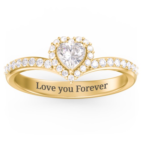 V-Shaped Halo Heart Ring with Accented Band – 18K Gold Plated Silver with Cubic Zirconia and White Premium Zirconia