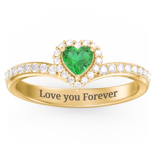 V-Shaped Halo Heart Ring with Accented Band – 18K Gold Plated Silver with Emerald and White Premium Zirconia