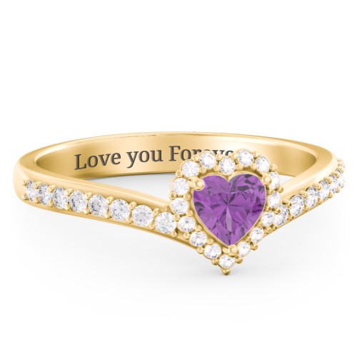 V-Shaped Halo Heart Ring with Accented Band – 18K Gold Plated Silver with Amethyst and White Premium Zirconia