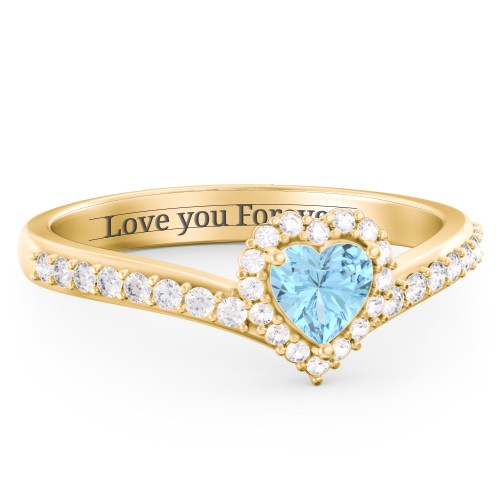 V-Shaped Halo Heart Ring with Accented Band – 18K Gold Plated Silver with Blue Topaz and White Premium Zirconia