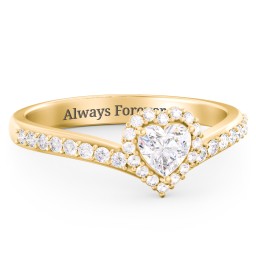 V-Shaped Halo Heart Ring with Accented Band in 18K Gold Plated Silver with Diamond