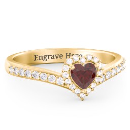 V-Shaped Halo Heart Ring with Accented Band in 18K Gold Plated Silver with Garnet and White Premium Zirconia