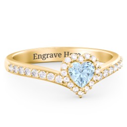 V-Shaped Halo Heart Ring with Accented Band in 18K Gold Plated Silver with Aquamarine and White Premium Zirconia