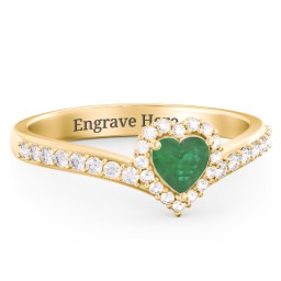 V-Shaped Halo Heart Ring with Accented Band in 18K Gold Plated Silver with Emerald and White Premium Zirconia