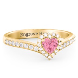 V-Shaped Halo Heart Ring with Accented Band in 18K Gold Plated Silver with Pink Tourmaline and White Premium Zirconia