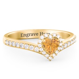 V-Shaped Halo Heart Ring with Accented Band in 18K Gold Plated Silver with Citrine and White Premium Zirconia