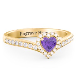 V-Shaped Halo Heart Ring with Accented Band in 18K Gold Plated Silver with Amethyst and White Premium Zirconia