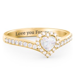 V-Shaped Halo Heart Ring with Accented Band in 18K Gold Plated Silver with Opal and White Premium Zirconia