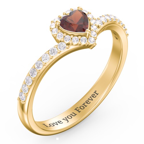 V-Shaped Halo Heart Ring with Accented Band – 18K Gold Plated Silver with Garnet and White Premium Zirconia