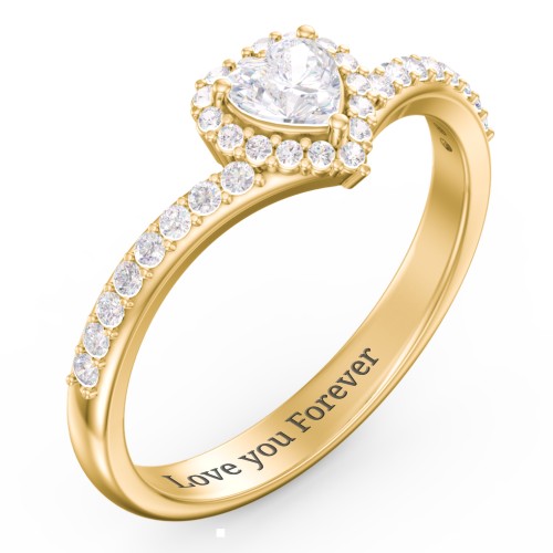V-Shaped Halo Heart Ring with Accented Band – 18K Gold Plated Silver with Diamond