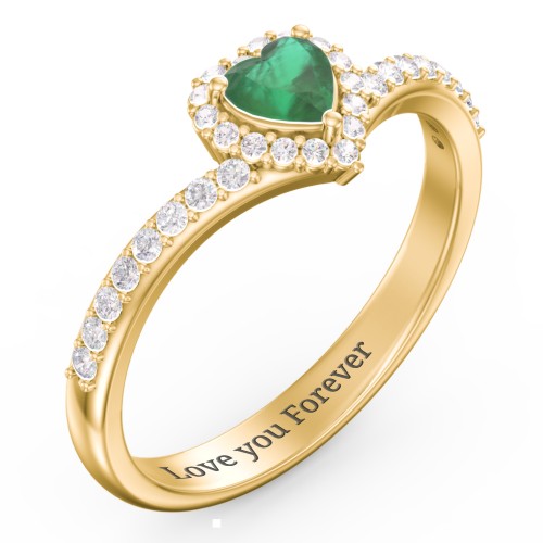 V-Shaped Halo Heart Ring with Accented Band – 18K Gold Plated Silver with Emerald and White Premium Zirconia