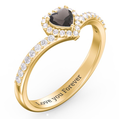 V-Shaped Halo Heart Ring with Accented Band – 18K Gold Plated Silver with Smokey Quartz and White Premium Zirconia